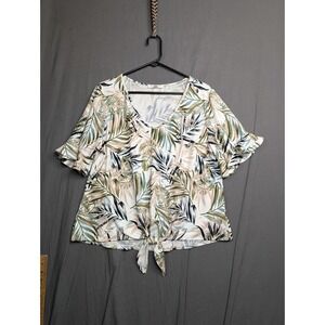 Perseption Concept Women's Tropical Leaf Print Tie-front knot Size XL